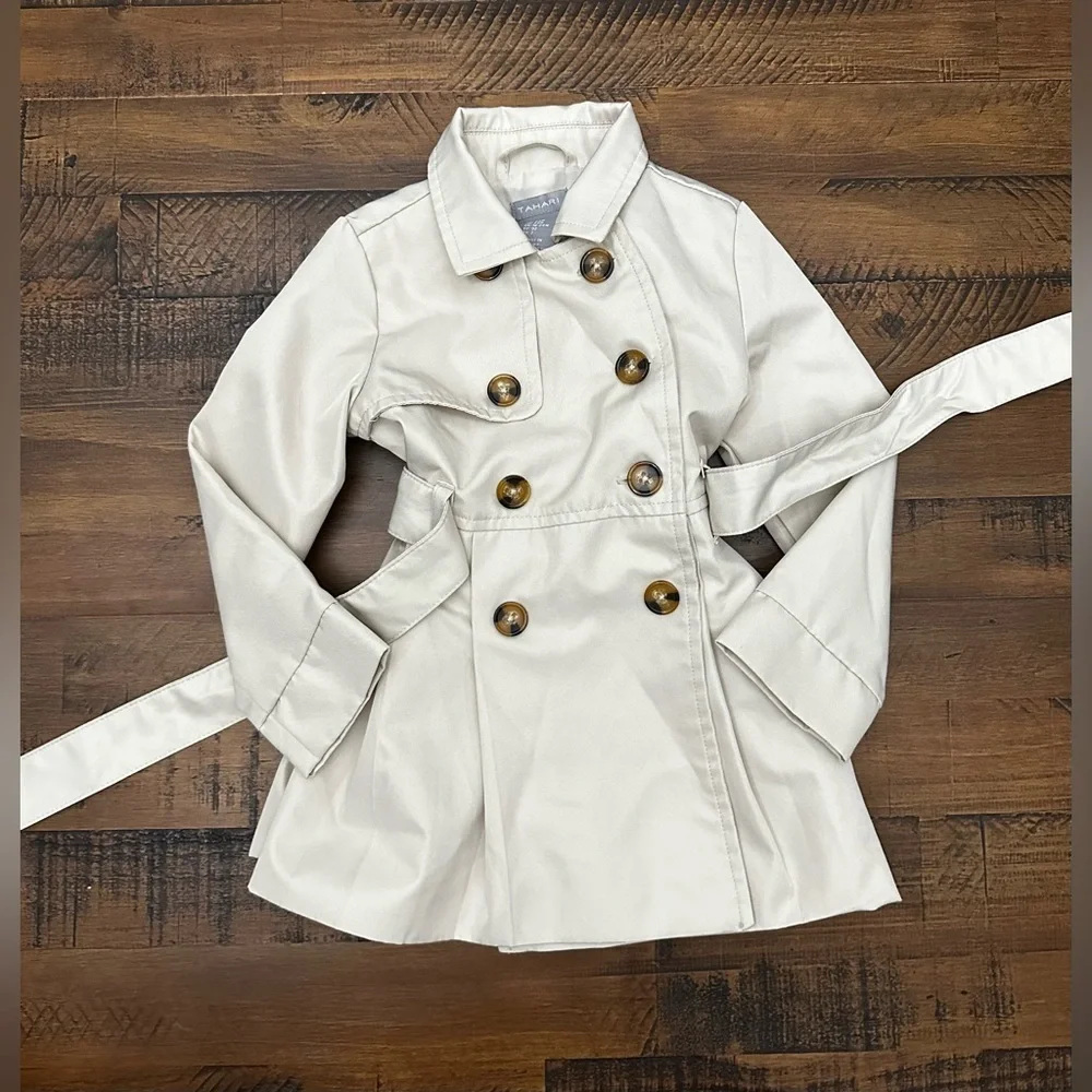 Tahari Girls Trench Coat Jacket Button-Up Long Sleeve Belted Beige Size 24M